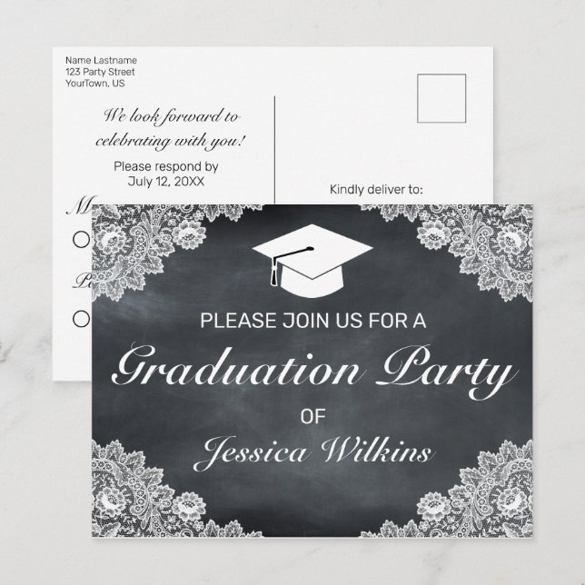 Blackboard & White Lace Graduation RSVP Invitation Postcard (Front/Back)