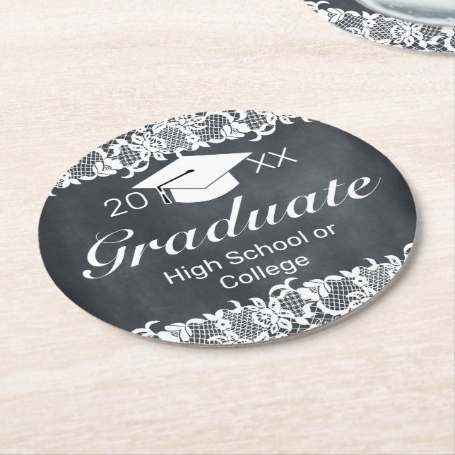 Blackboard & White Lace Hat Cap Graduation  Round Paper Coaster (Angled)