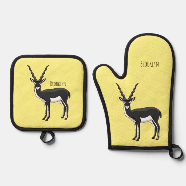 Blackbuck antelope illustration oven mitt & pot holder set (Front)