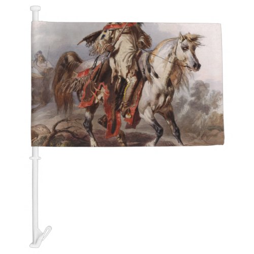 Blackfoot Indian On Arabian Horse being chased Car Flag
