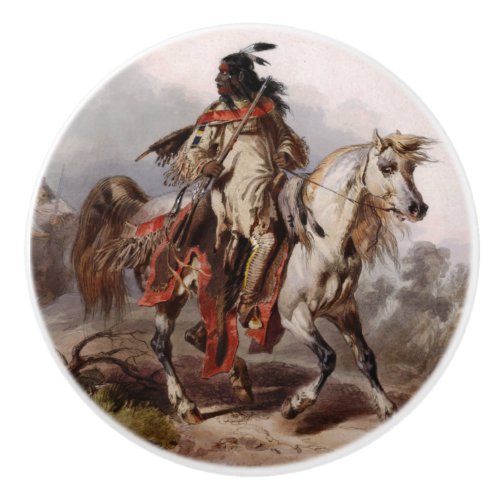 Blackfoot Indian On Arabian Horse being chased Ceramic Knob