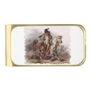Blackfoot Indian On Arabian Horse being chased Gold Finish Money Clip