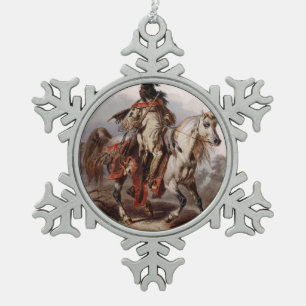 Blackfoot Indian On Arabian Horse being chased Snowflake Pewter Christmas Ornament