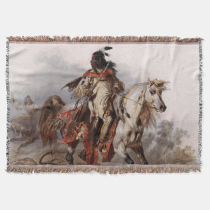 Blackfoot Indian On Arabian Horse being chased Throw Blanket