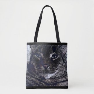 Blacki and white tote bag with Tabby cat