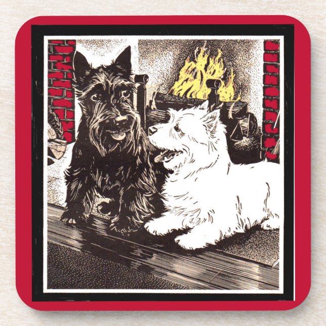Blackie and Whitie by the fire Beverage Coaster (Front)