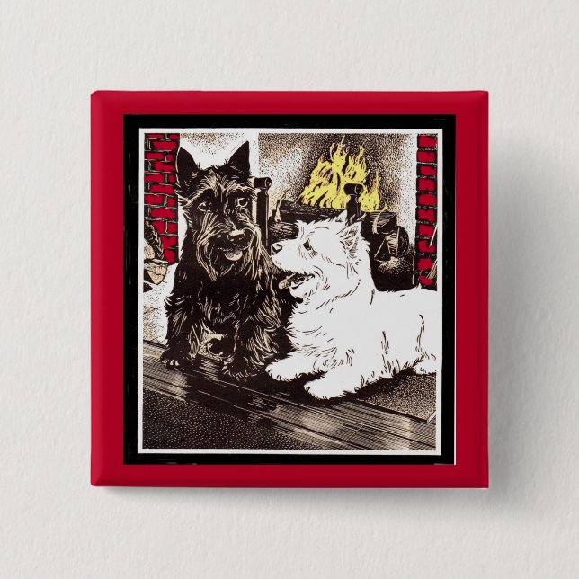 Blackie and Whitie by the fire Button (Front)
