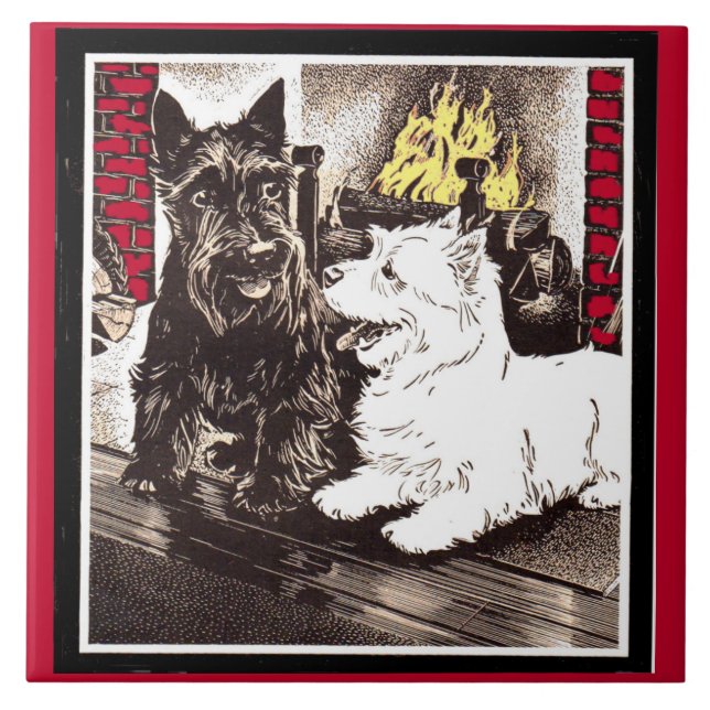 Blackie and Whitie by the fire Ceramic Tile (Front)