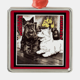 Blackie and Whitie by the fire Metal Ornament