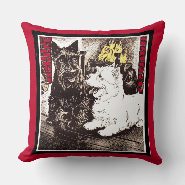 Blackie and Whitie by the fire Throw Pillow (Front)