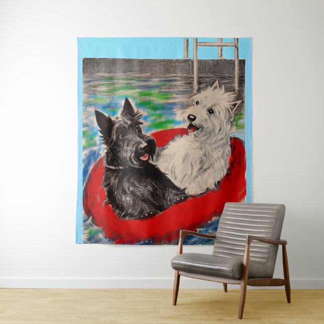 Blackie and Whitie on a raft Tapestry (In Situ)