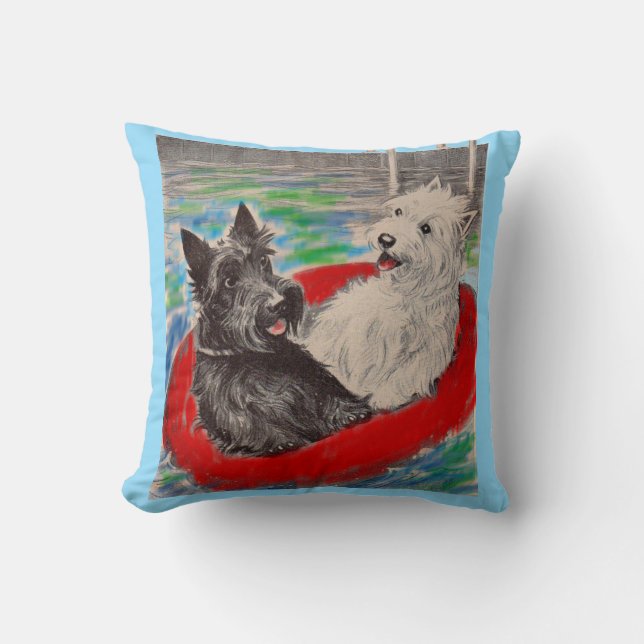 Blackie and Whitie on a raft Throw Pillow (Front)