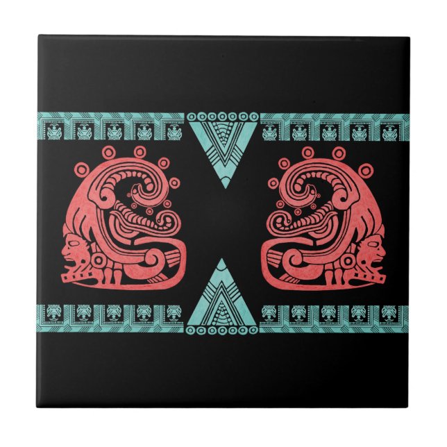 Blacklight Aztec Warrior Hieroglyph Ceramic Tile (Front)