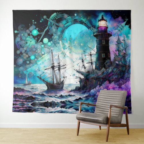 Blacklight_Lighthouse and sailboat stormy seas Tapestry