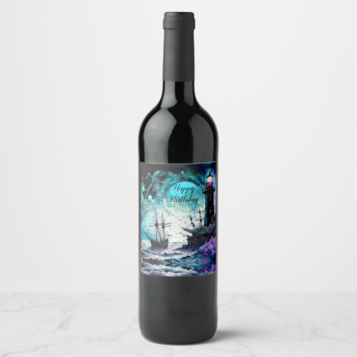 Blacklight_Lighthouse and sailboat stormy seas Wine Label