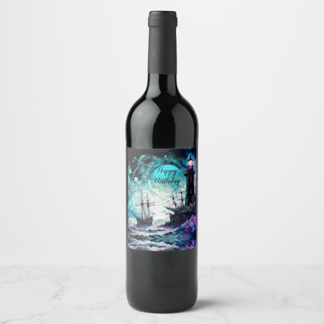 Blacklight-Lighthouse and sailboat stormy seas Wine Label (Front)