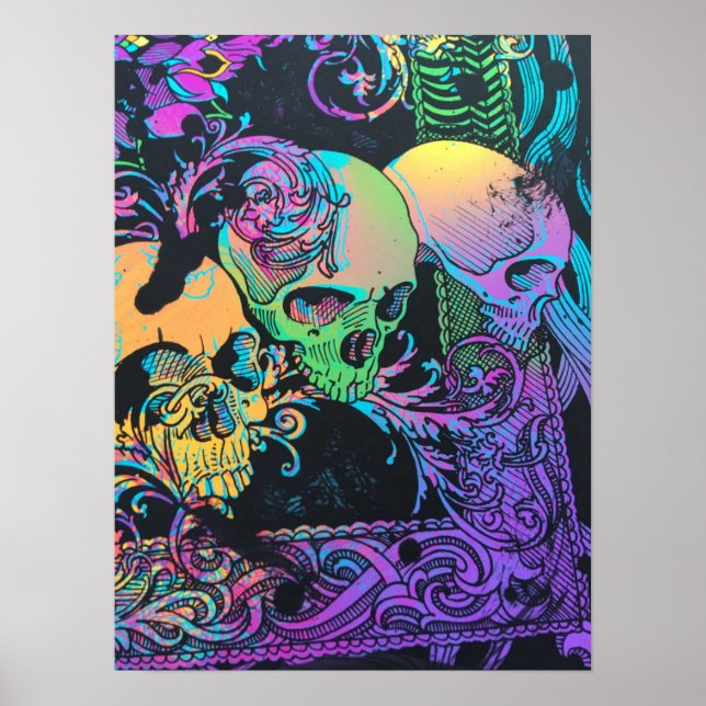 Blacklight Skull Colorful Abstract Poster (Front)