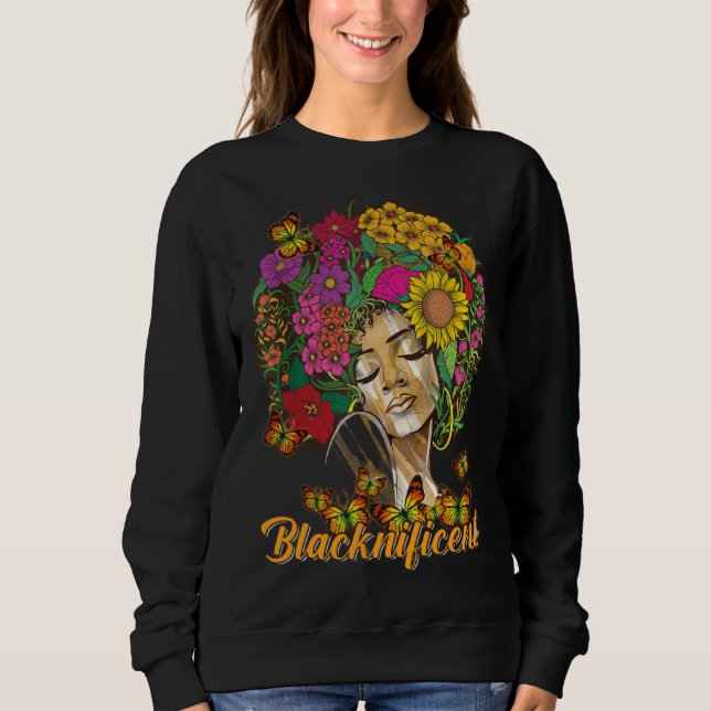 Blacknificent Floral Afro Hair Butterfly African A Sweatshirt (Front)