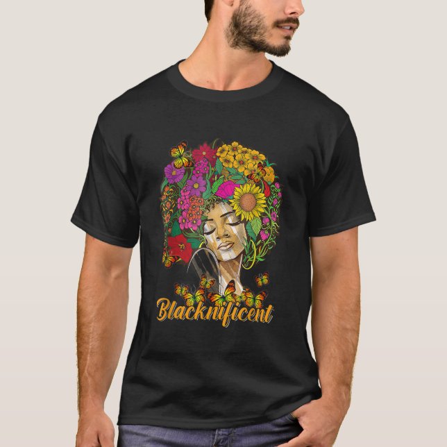 Blacknificent Floral Afro Hair Butterfly African A T-Shirt (Front)