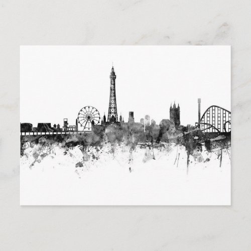 Blackpool England Skyline Black White Postcard
