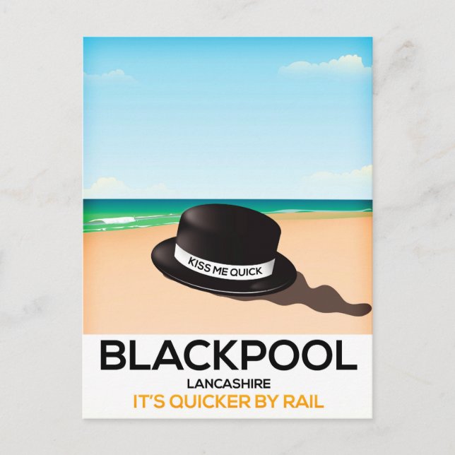 Blackpool "kiss me quick" hat travel train poster postcard (Front)
