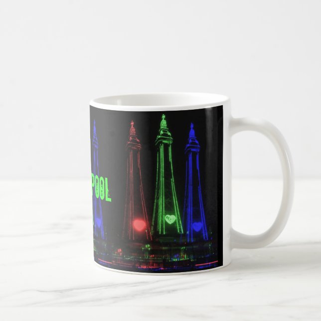 Blackpool Tower Beautiful Night Lights, Red, Green Coffee Mug (Right)