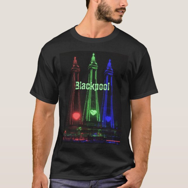Blackpool Tower Beautiful Night Lights, Red, Green T-Shirt (Front)