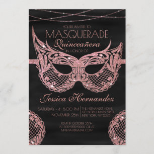 BlackRose Gold Glitter Lace Masquerade Quinceañera Invitation