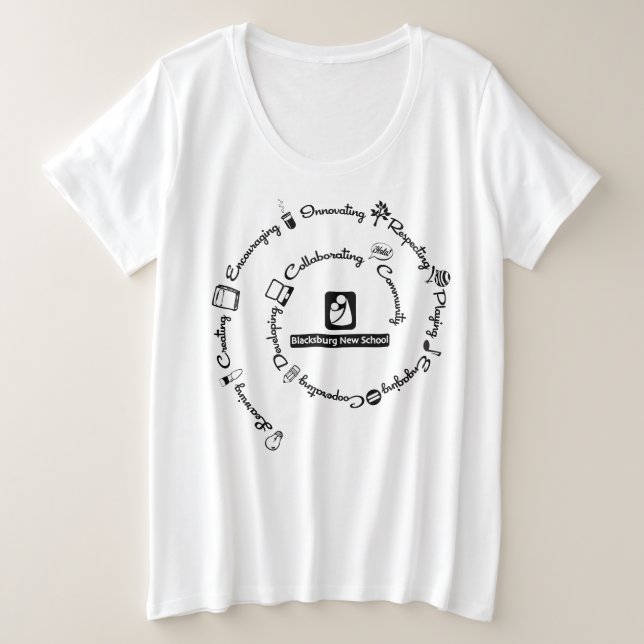 Blacksburg New School Plus Spiral Design Size T-Shirt (Design Front)