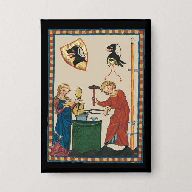 Blacksmith Forging Helmet Medieval Art Button (Front)