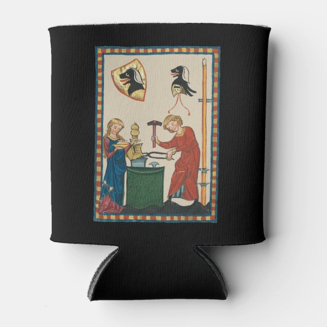 Blacksmith Forging Helmet Medieval Art Can Cooler (Front)