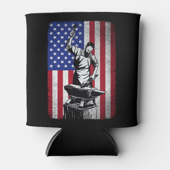 Blacksmith Forging USA American Flag  Can Cooler (Front)