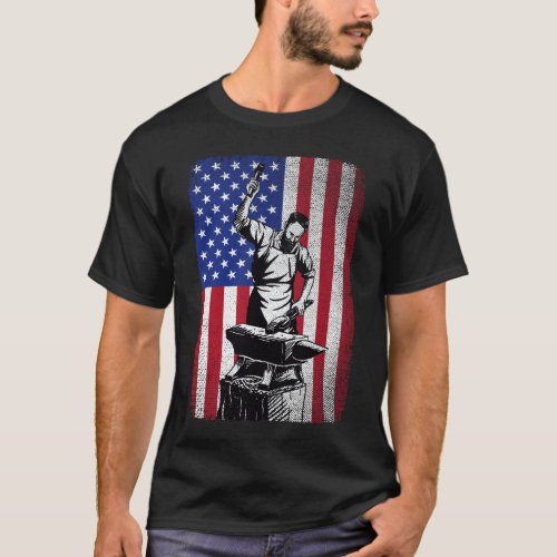 Blacksmith Forging USA American Flag  T_Shirt