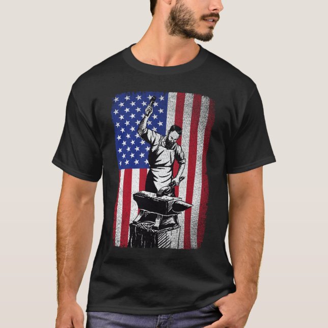 Blacksmith Forging USA American Flag  T-Shirt (Front)
