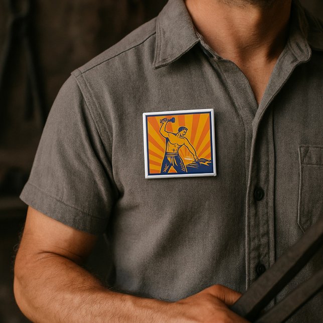 Blacksmith Hammering Retro Strongman Labor Button (Creator Uploaded)