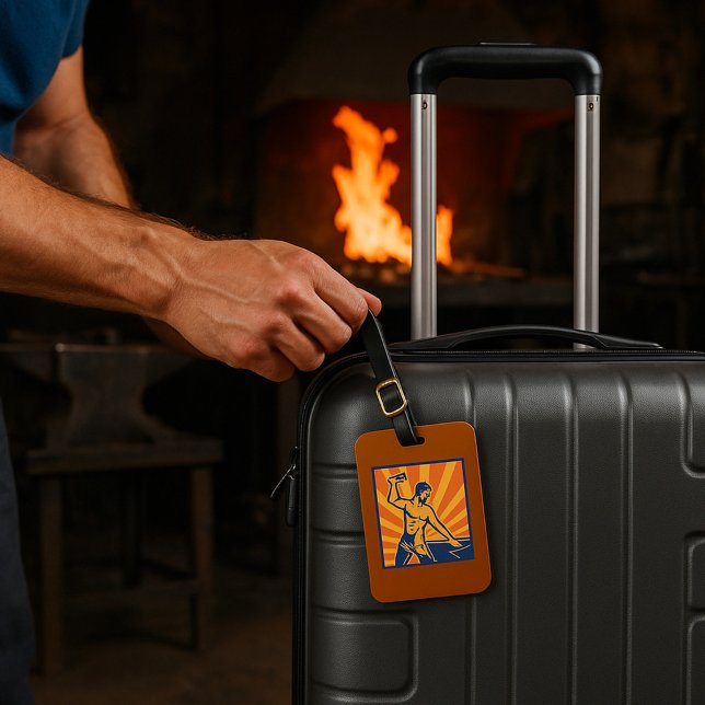 Blacksmith Hammering Retro Strongman Labor Luggage Tag (Creator Uploaded)
