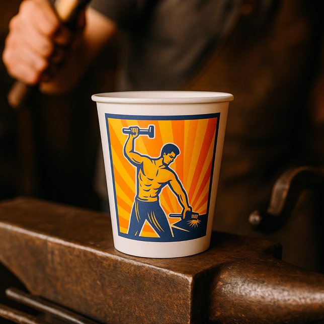 Blacksmith Hammering Retro Strongman Labor Paper Cups (Creator Uploaded)