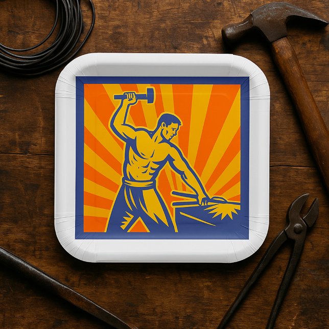 Blacksmith Hammering Retro Strongman Labor Paper Plates (Creator Uploaded)