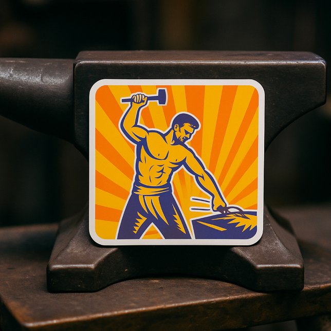 Blacksmith Hammering Retro Strongman Labor Square Sticker (Creator Uploaded)