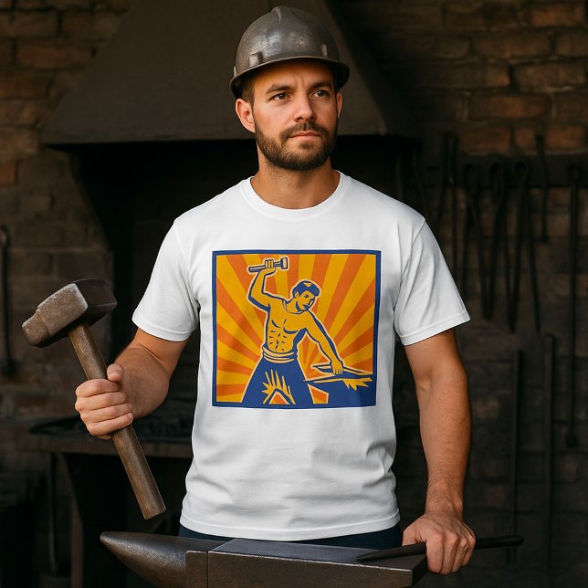 Blacksmith Hammering Retro Strongman Labor T-Shirt (Creator Uploaded)