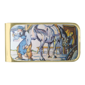 Blacksmith horse horseshoe antique business man gold finish money clip