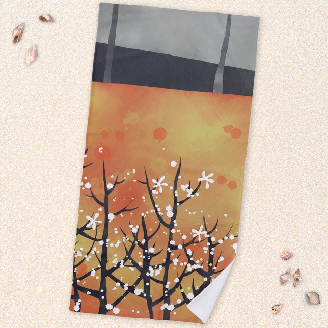 Blackthorn Blossom Modern Landscape Art Beach Towel (Blackthorn blossom modern abstract landscape art beach towel)