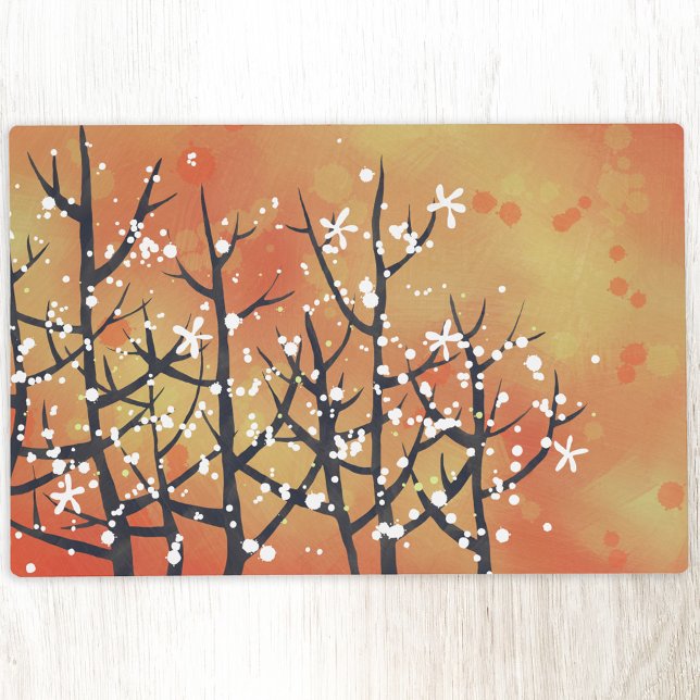 Blackthorn Blossom Orange Landscape Painting Placemat (Blackthorn blossom orange contemporary art laminated placemat)