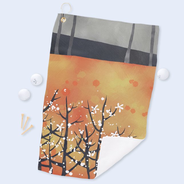 Blackthorn Blossom Spring Floral Coral Golf Towel (Modern abstract Blackthorn blossom orange art golf towel)
