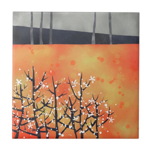 Blackthorn Blossom Spring Landscape Coral Ceramic Tile