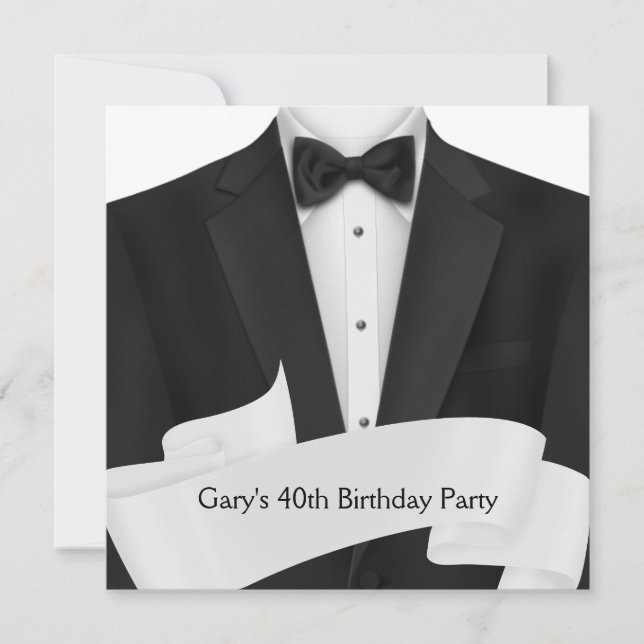 BlackTuxedo Mans Black White 40th Birthday Party Invitation (Front)