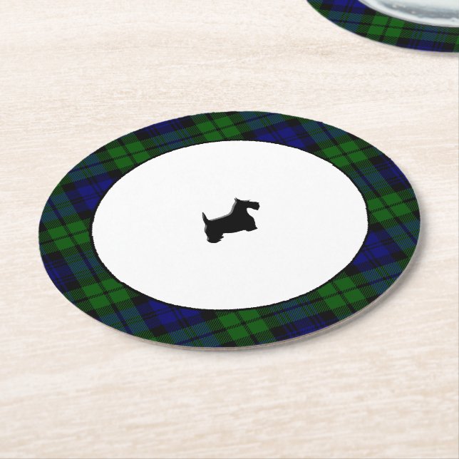 Blackwatch Plaid Black Scottie Round Paper Coaster (Angled)