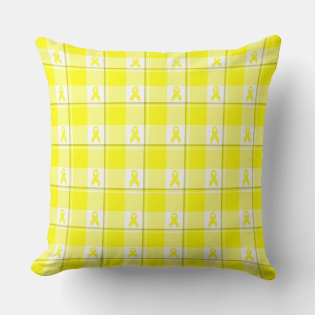 Bladder Cancer Awareness Plaid Yellow Ribbon Throw Pillow (Front)
