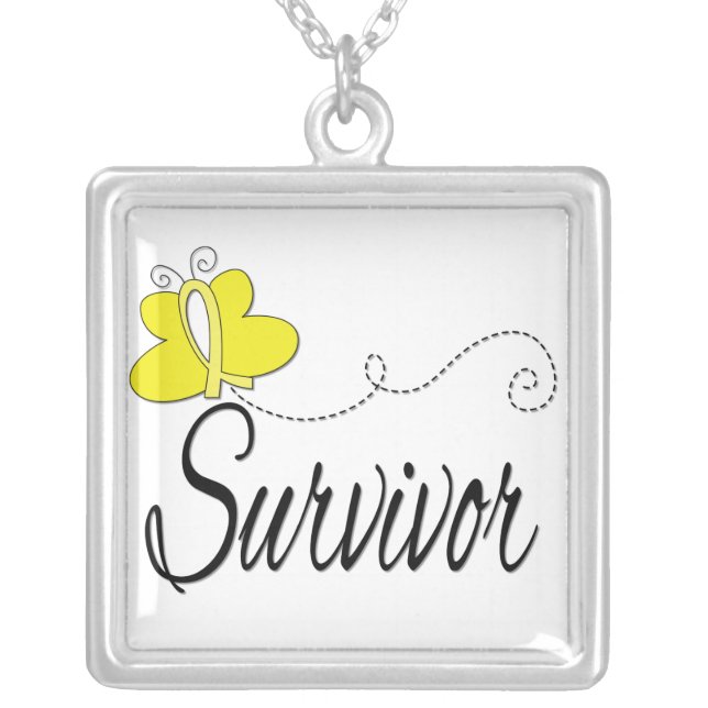 Bladder Cancer Survivor Butterfly Ribbon Silver Plated Necklace (Front)