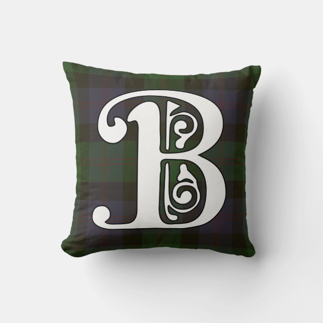 Blair Clan Tartan Monogram Throw Pillow (Front)